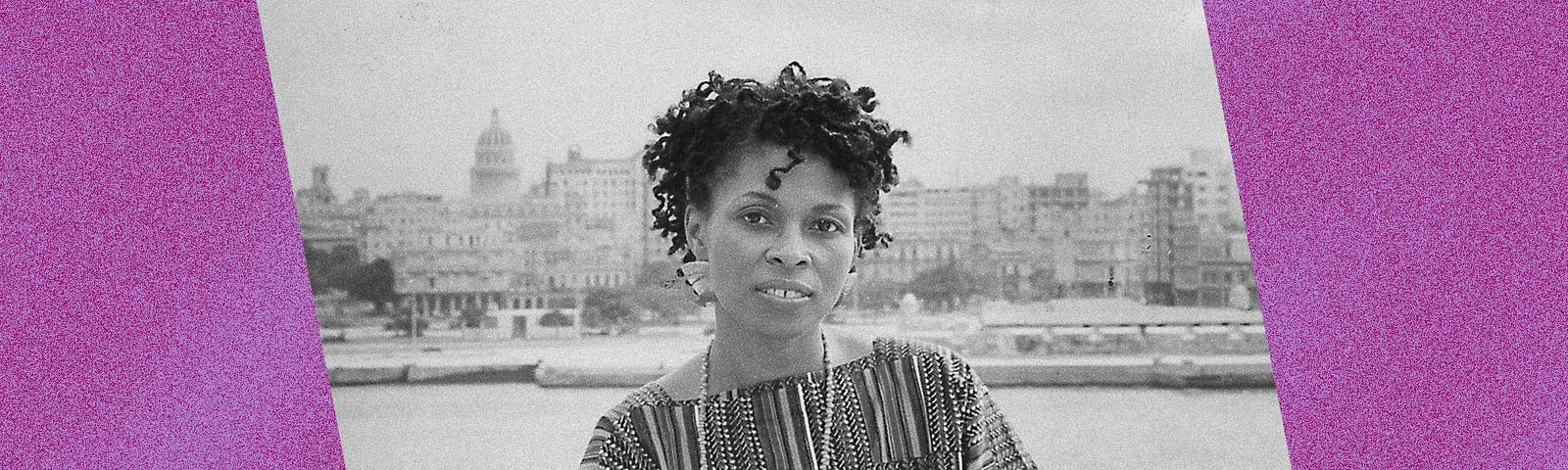 Black and white photo of Assata Shakur against a violet background.