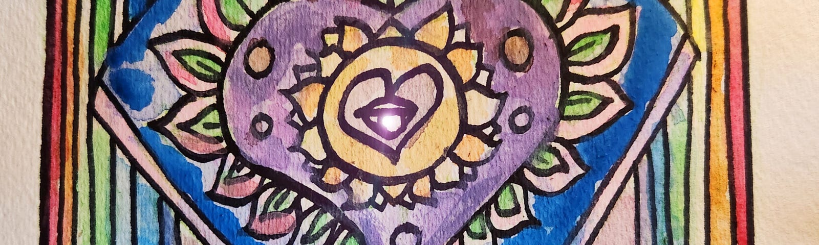 A arcyrlic and oil marker painting I created on watercolor paper. It has a purple heart in the center, with a sun and a heart. It is on top of a cloud and surrounded by vertical lines of rainbow colors