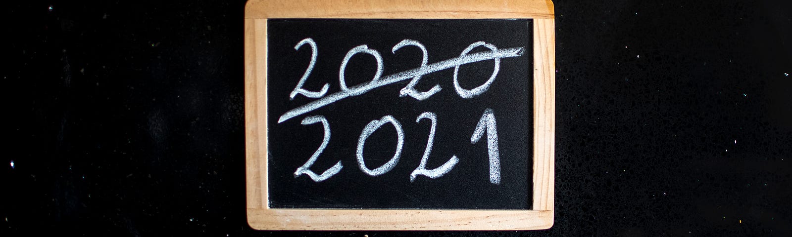 Black Board showing “(Bye) 2020, (hello) 2021” written on it by white chalk.