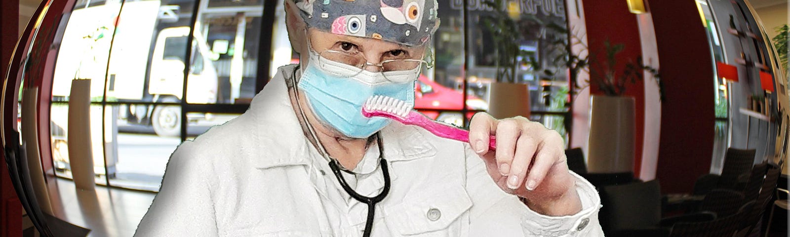 Doc Raine Lore in foreground of hospital foyer holding pink toothbrush