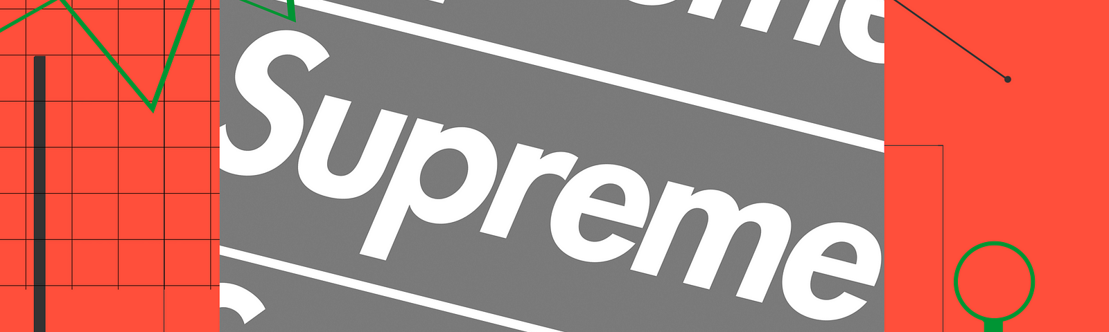 The Supreme logo replicated several times over a red background with various templated graphs and lines.