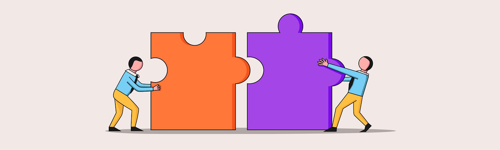 An illustration of 2 characters pushing together two giant puzzle pieces.