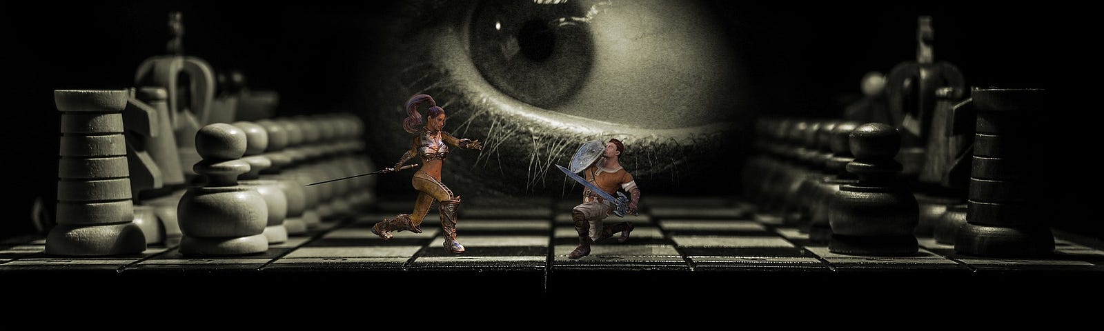 Fantasy figures fighting on a chess board. Giant eye in background
