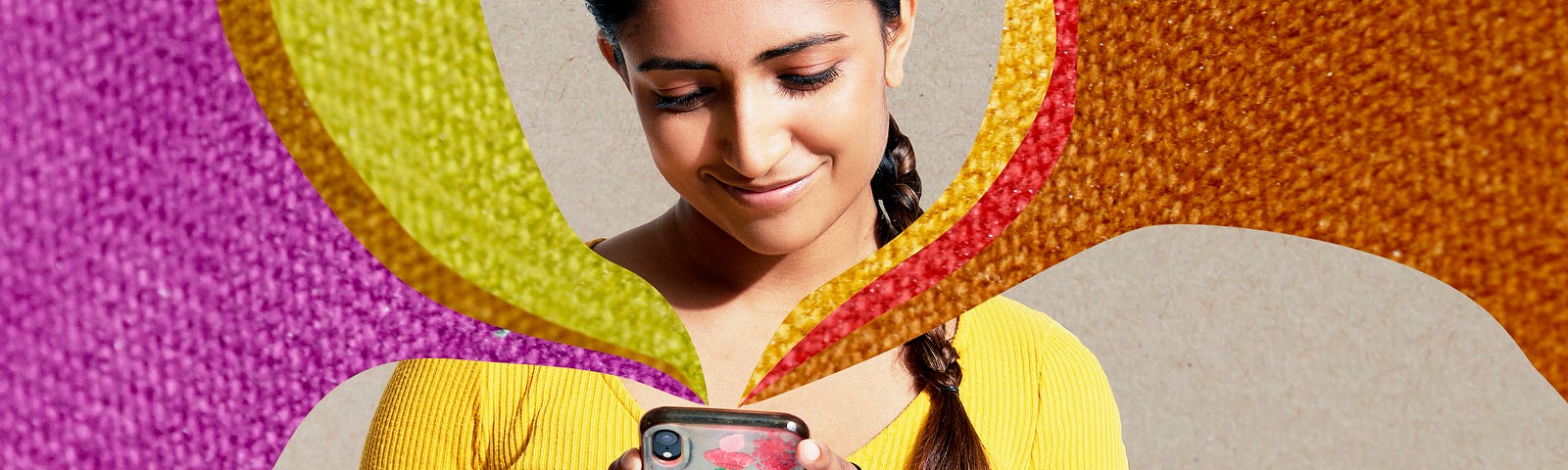 Collage of a South Asian person with their hair in one low side braid typing on a phone. Multicolored swirls of woven fabric texture fly out of the phone.