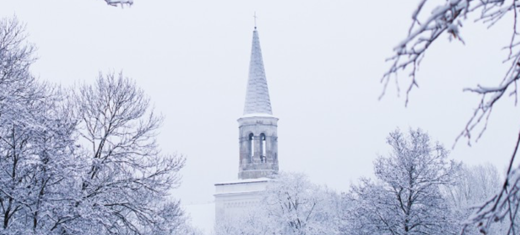 Church steeple on snowy day