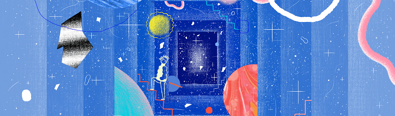 A sketchy, colorful illustration of a dark blue hallway (ie, space) with planets and a person climbing red stairs