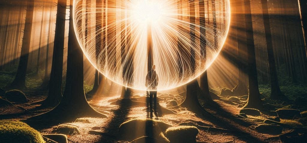 A shining ball of light in the woods with a man-sized shape inside.