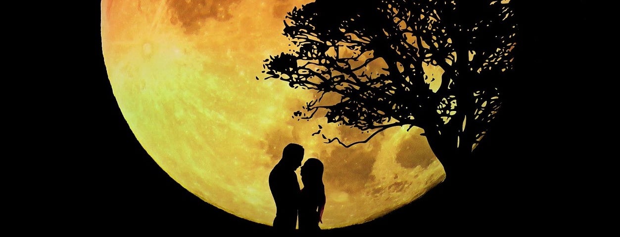 A couple embracing in the golden moonlight