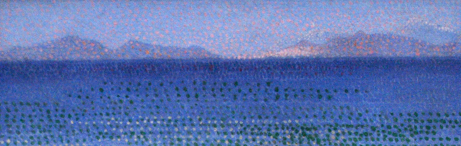 A pointillist painting of the sea and seashore, with mountains far away in the distance.
