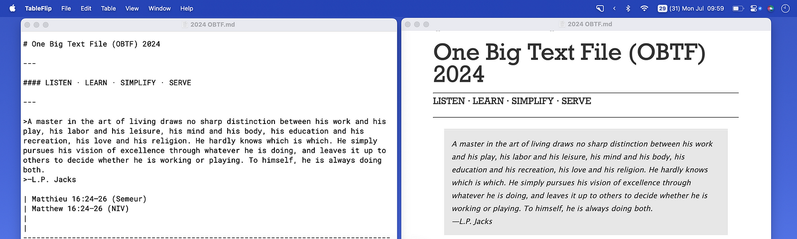 Two screenshots side by side, a TextEdit window on the left and a Marked window on the right. Both show the same file, titled One Big Text File (OBTF) 2024. Text is the same as the preceding images. There’s a small overlay window (TableFlip) showing the first table from the document.