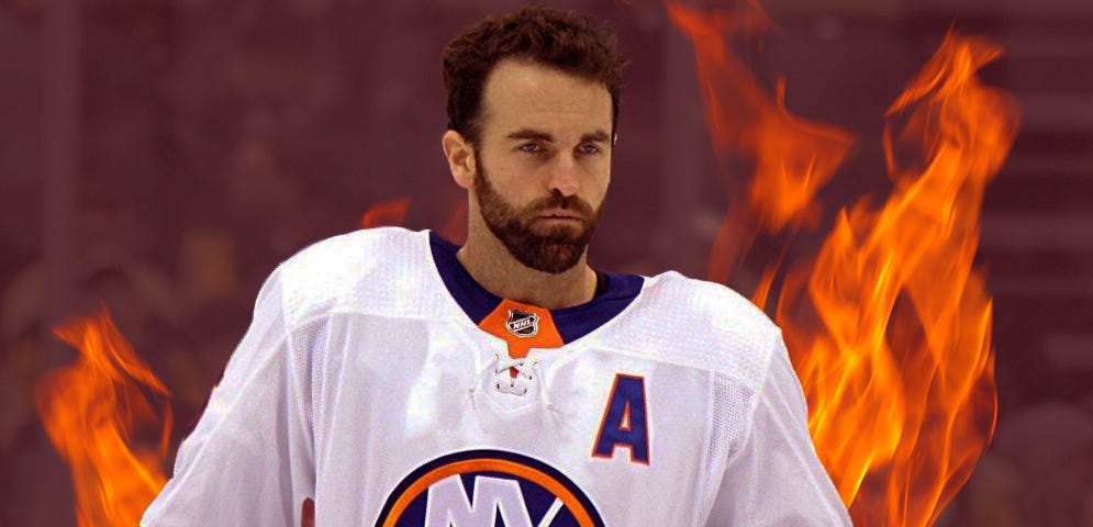 Andrew Ladd of the New York Islanders with animated flames surrounding him