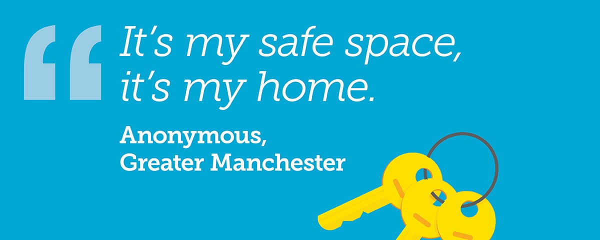 Blue graphic featuring an illustration of a set of three yellow keys. An anonymous quote from an older person in Greater Manchester reads: It’s my safe space, it’s my home.