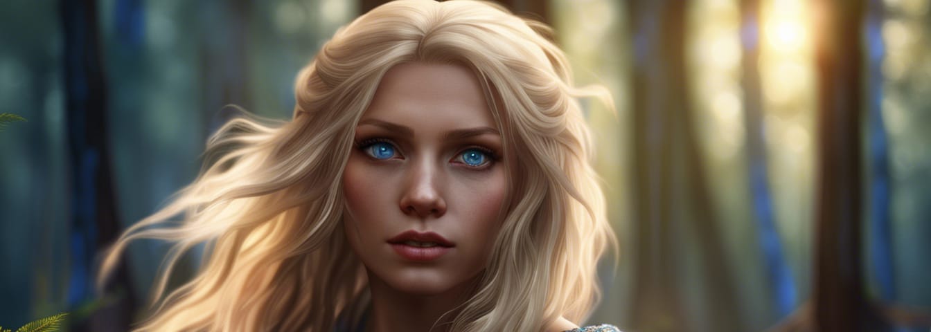 A gorgeous blond woman with blue eyes in the forest. Her hair is flowing in the wind.