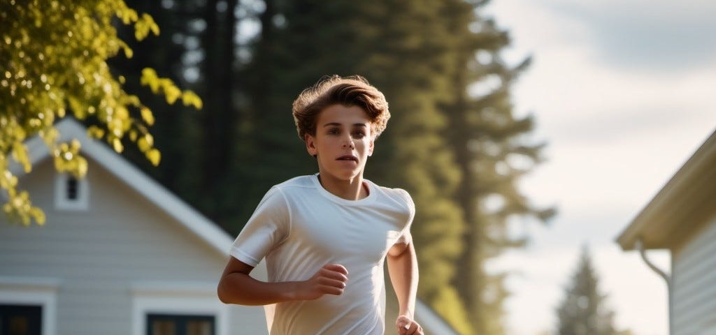 A boy running from a house.