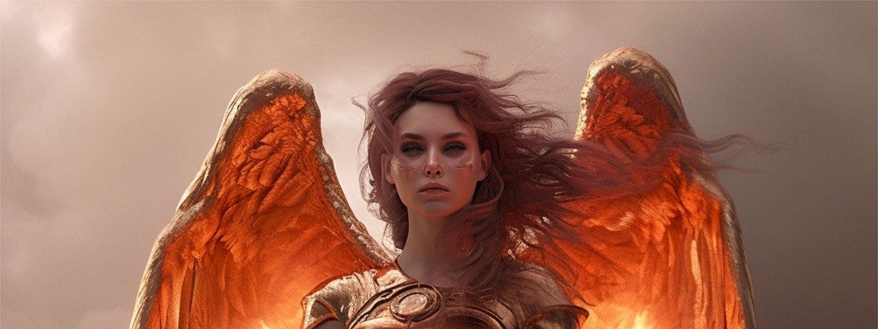 A woman with fiery wings wearing armour.
