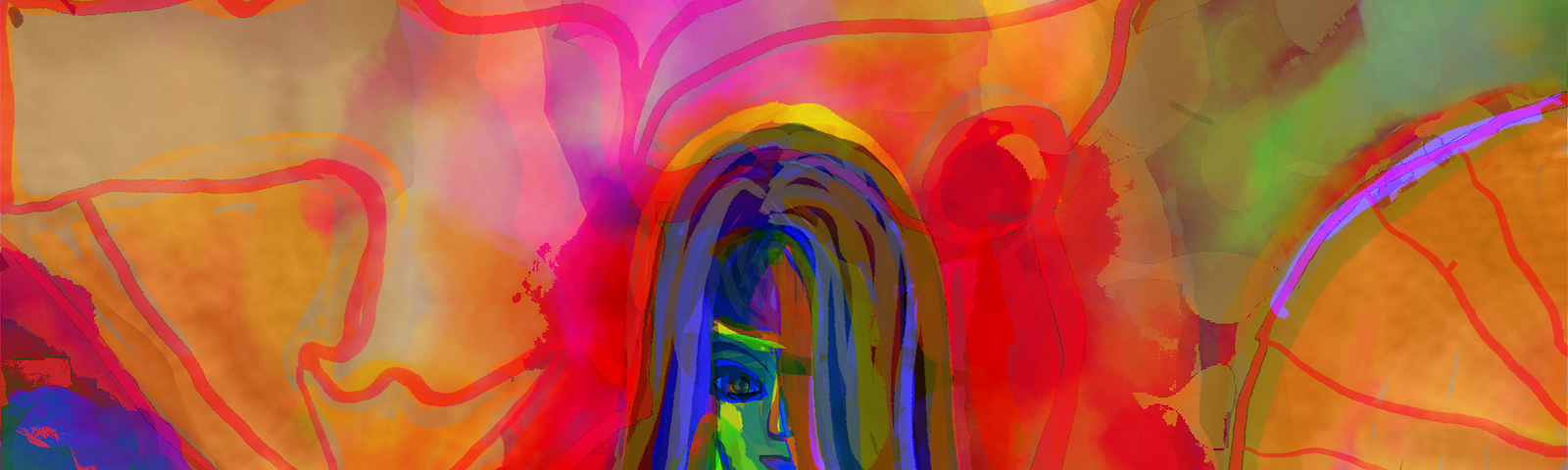 A vibrant, colorful painting of a woman. The woman is made of strokes of green, blue, yellow, green, and red. She is beautiful.
