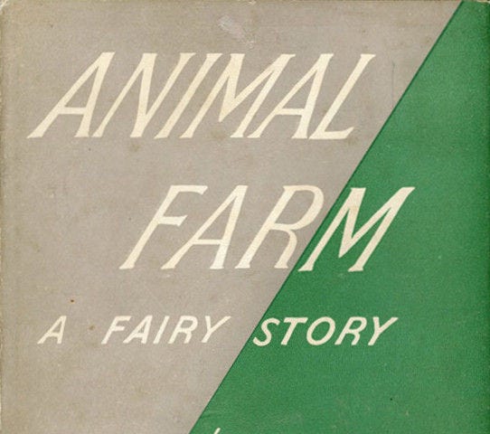 Cover to first edition of Animal Farm by George Orwell, 1945. (Image source: Wikimedia Commons).
