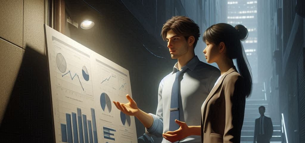 Man and woman looking at a flip chart in a dark alley under a building light