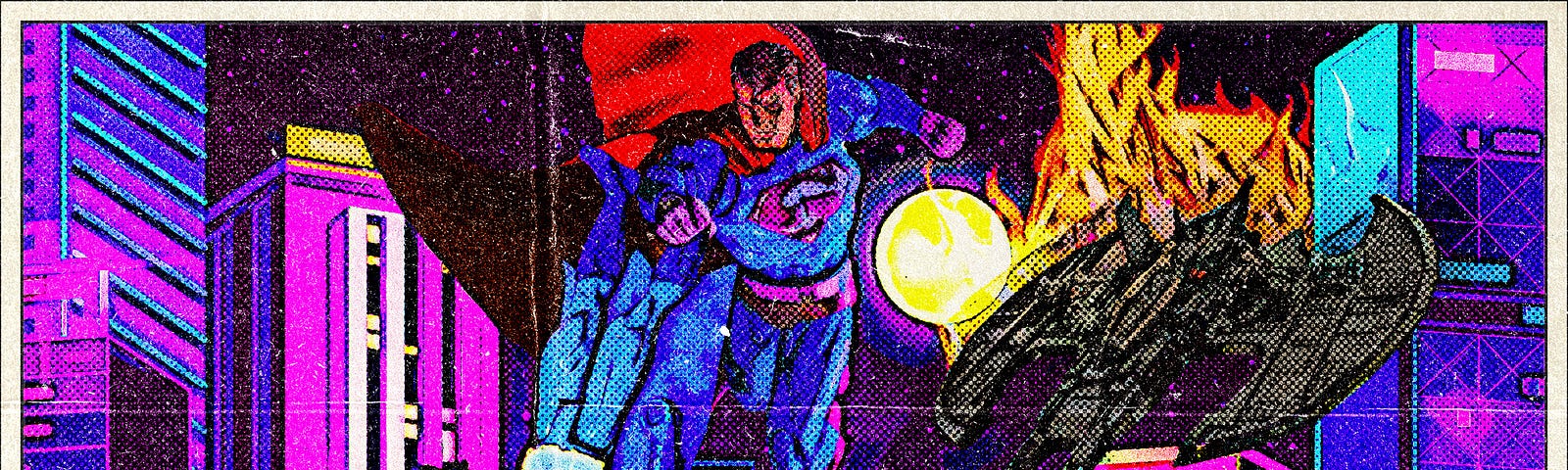 Superman rescues Batman from flaming Batplane