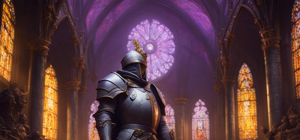 Generated image of an armored knight in a dark fantasy cathedral.