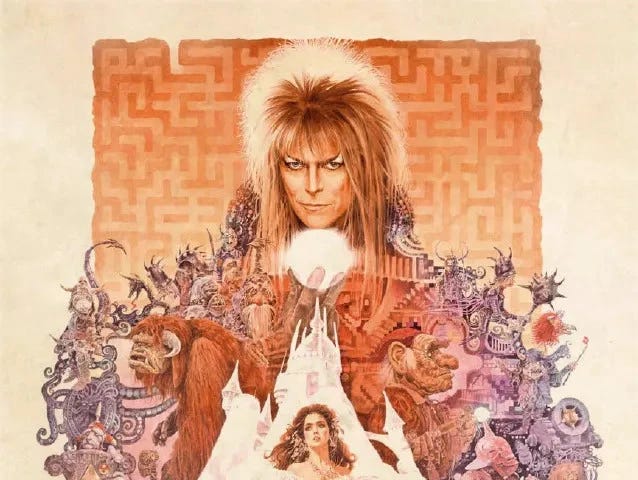 The cover of Jim Henson’s Labyrinth: The Adventure Game closely mirrors the movie poster. The head and hand of The Goblin King (David Bowie) is at the top of a pyramid of characters from the movie. The Goblin King holds his signature crystal orb. Sarah (Jennifer Connolly), wearing a white ball gown, stands near the bottom, surrounded by goblins, a horned beast, a dwarf, and archetecture from the labyrinth.