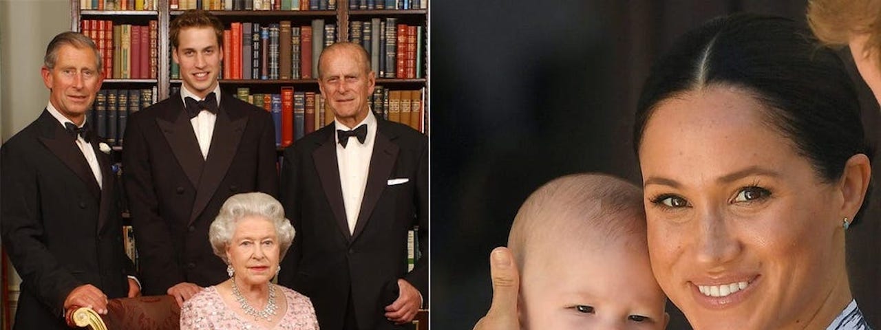 Members of the royal family (left) and Meghan Markle and her son, Archie (right).