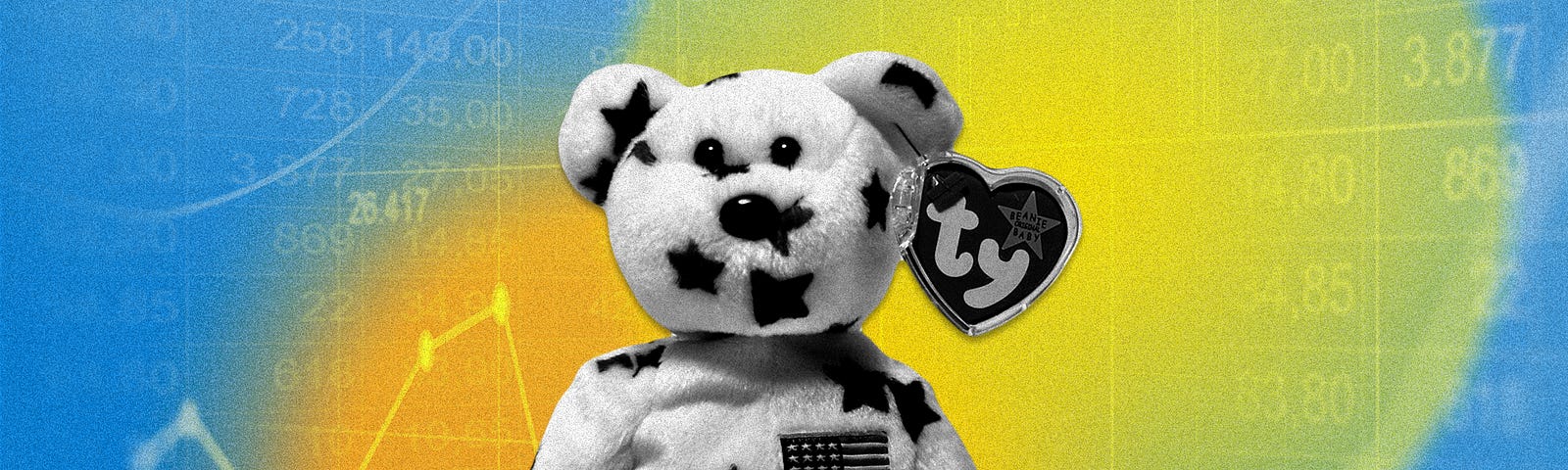 An illustration of a Beanie Baby with a star print and the U.S. flag on its chest. Behind the beanie baby is a generic stock market image.