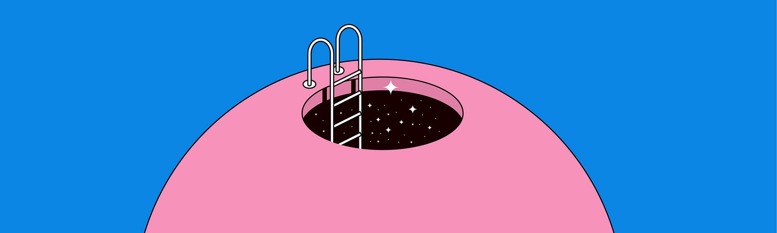 Illustration of a swimming pool ladder going down into the galaxy of a pink person’s mind.