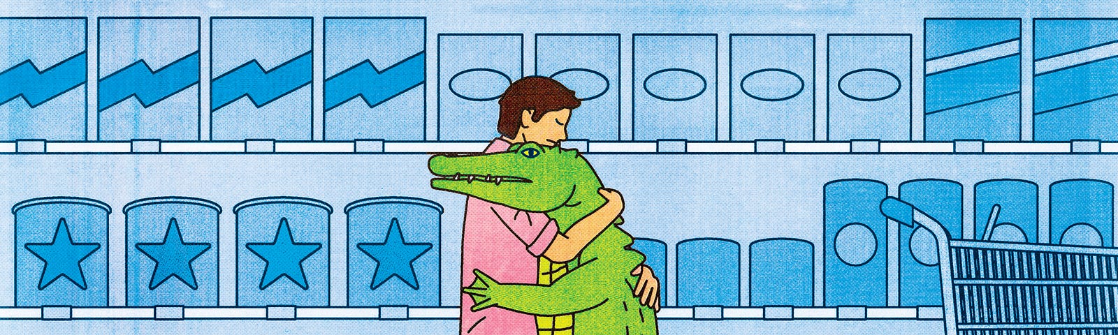 An illustration of a man hugging an alligator in a supermarket aisle.