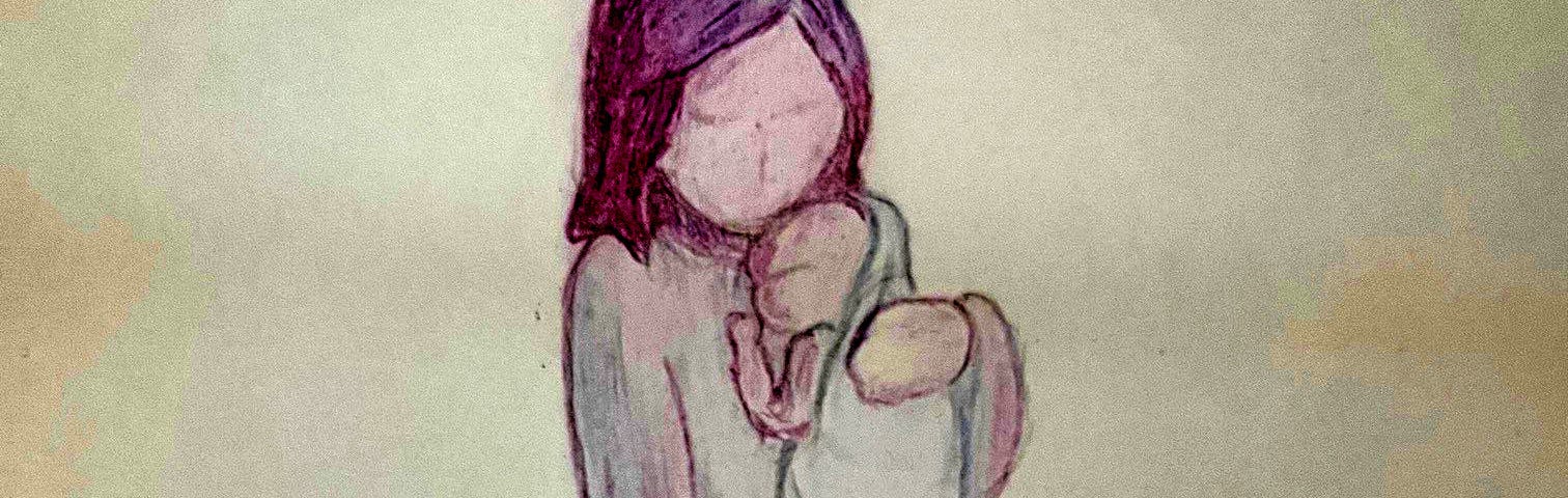 A hand drawn illustration by Carolyn Hastings, of a dark-haired woman standing and holding a young baby wrapped in a swaddle.
