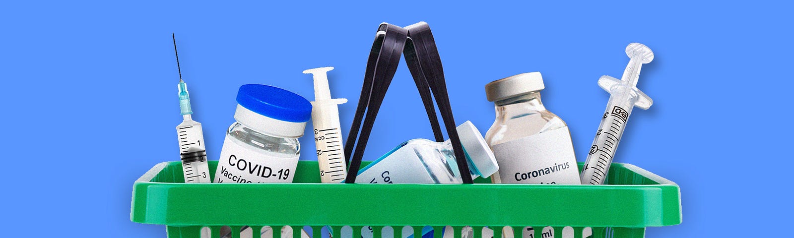 A photo illustration featuring a shopping basket filled with vials of Covid-19 vaccines and shots.