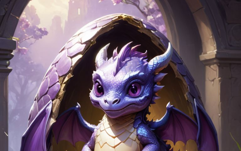 A purple dragon within half an egg