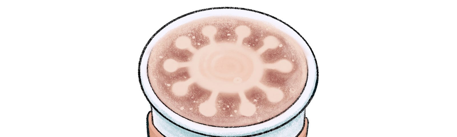 A graphic of a Starbucks venti to-go cup with latte foam art in the shape of the coronavirus.