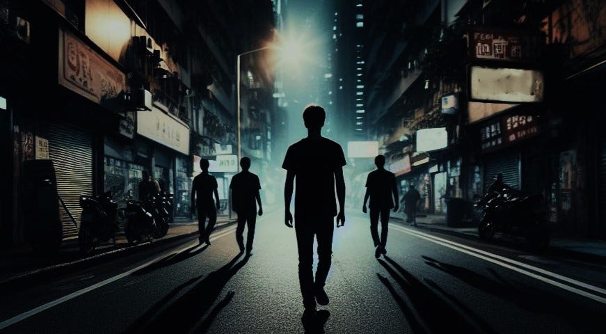 A person walking down a dark eerie looking street followed by people and their shadows