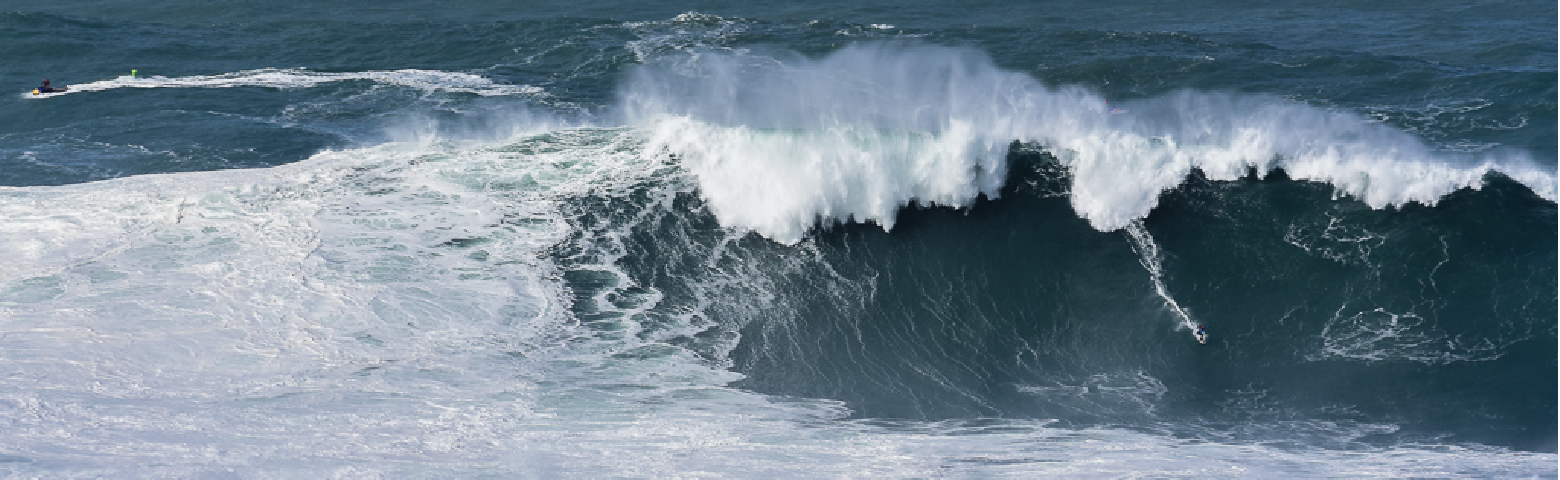 A huge ocean wave breaks along the coast.