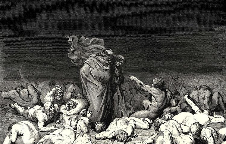 Sinners and Ciacco arising from the crowd, Inferno Canto 6, engraving of Gustave Dore.