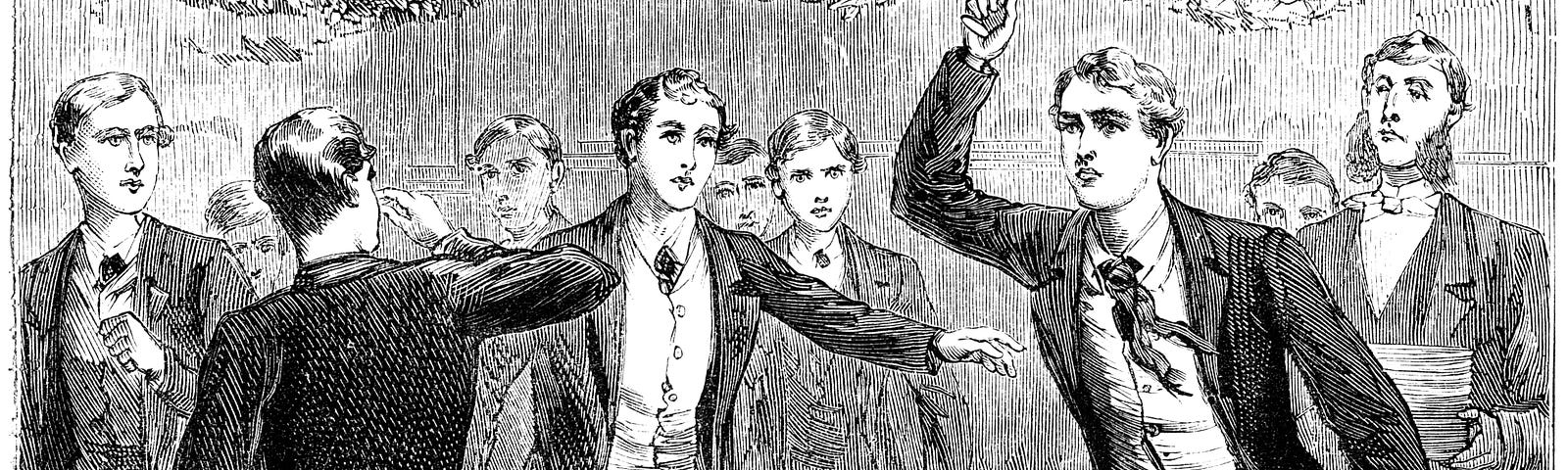 An illustration of a group of young upper-class males having an argument at the dinner table, with one throwing wine into another’s face.