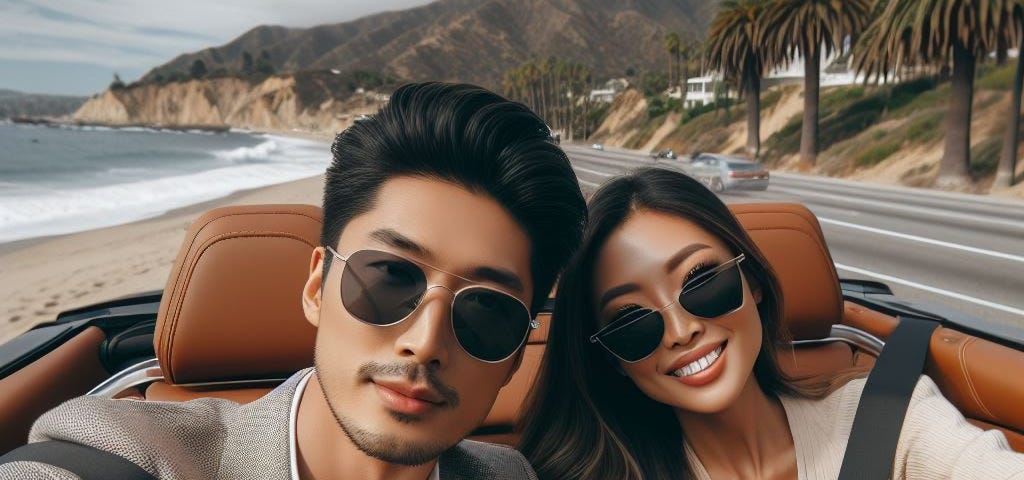 Attractive Asian couple stopping on coastal highway in convertible to take a selfie