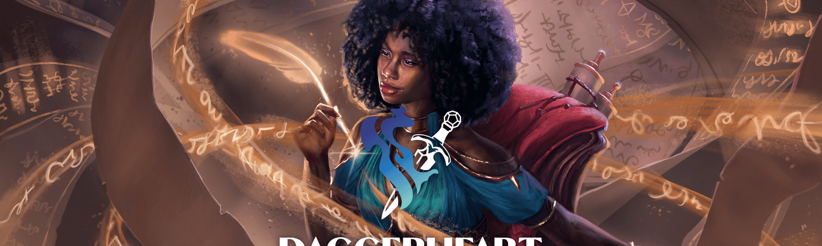Promotional picture of a Daggerheart character behind the Daggerheart logo. The characters is a black woman in a wooden wheelchair using a glowing quill to write magic words in the air. The woman has a black afro hairstyle and wears a blue dress with red and gold accents. There are furled scrolls in her lap and in pockets on the back of her chair.