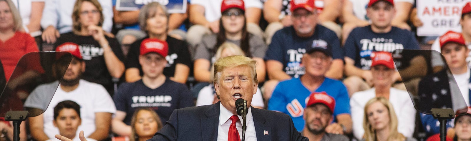 Donald Trump speaking at a “Keep America Great” campaign rally in Cincinnati, Ohio on August 1, 2019.