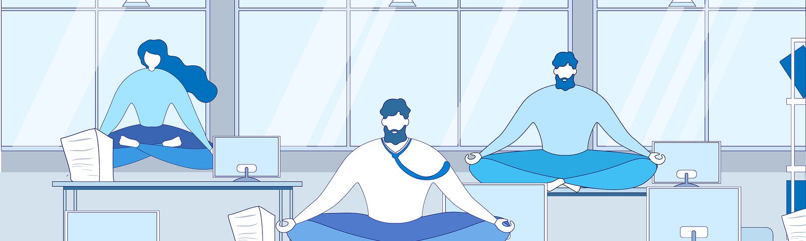 An illustration of cartoon office workers sitting on their office desks and meditating at their workplace.