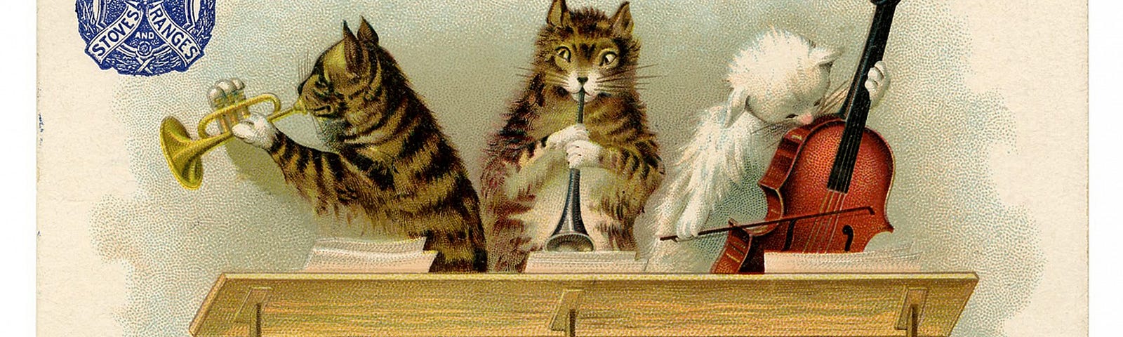 vintage illustration of cats playing musical instruments to sheet music