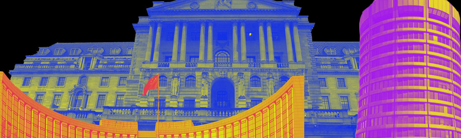 A collage of three governmental buildings tinted blue, orange, and fuchsia (respectively) on a black background.