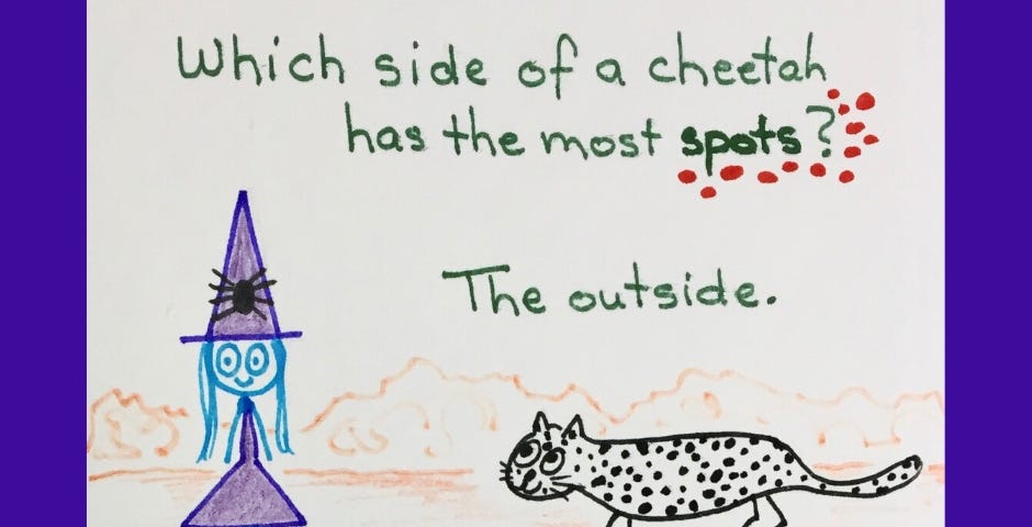 cartoon of little witch asking which side of a cheetah has the most spots, answer is the outside