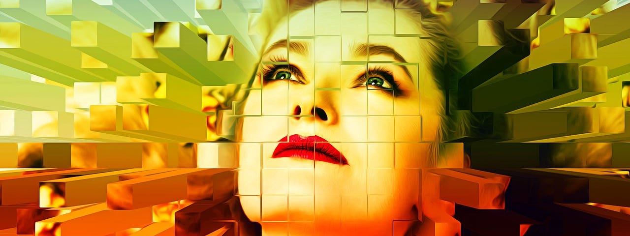 The upturned face of a woman with red lipstick that has been graphically digitised into cubes.