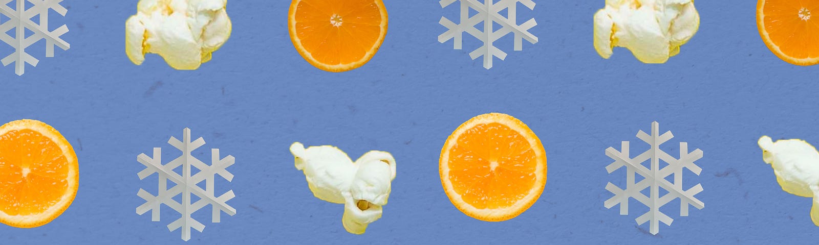 A background type pattern design consisting of orange slices, popcorn, and snowflakes on a blue background