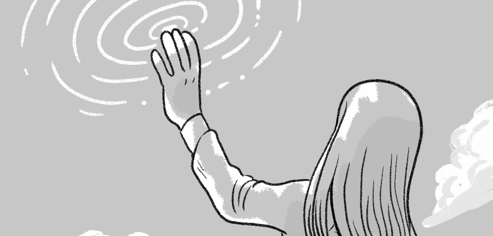 A long-haired person reaching toward the sky; ripples radiate from their hand. Everything is monochromatic gray.