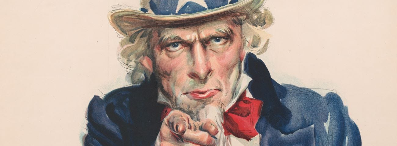 A portion of “I want you for U.S. Army: nearest recruiting station.” Poster by James Montgomery Flagg, ca. 1917.