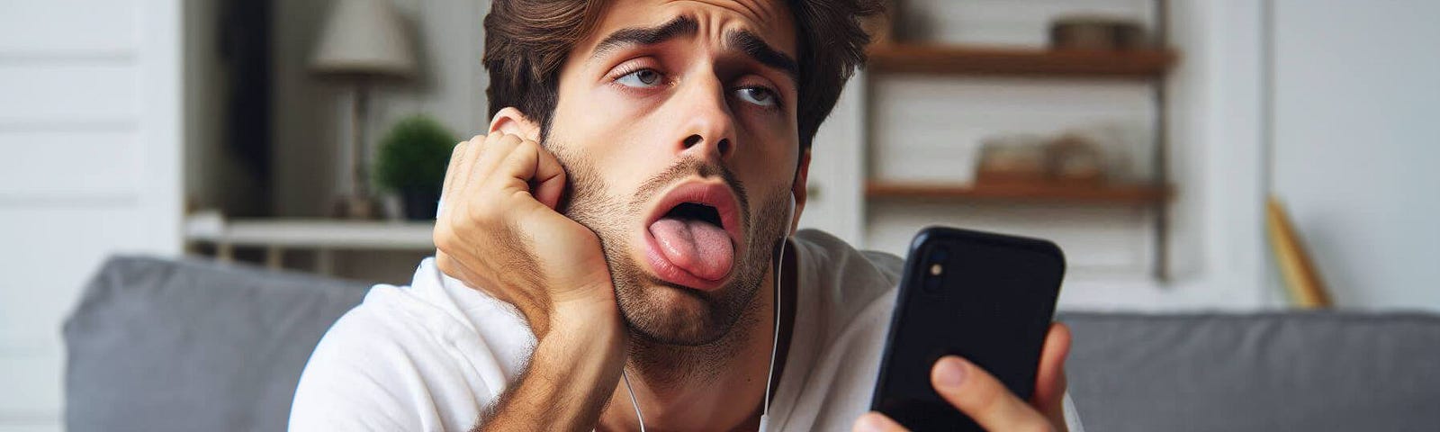 A man looking bored with his tongue out while staring at a smart phone