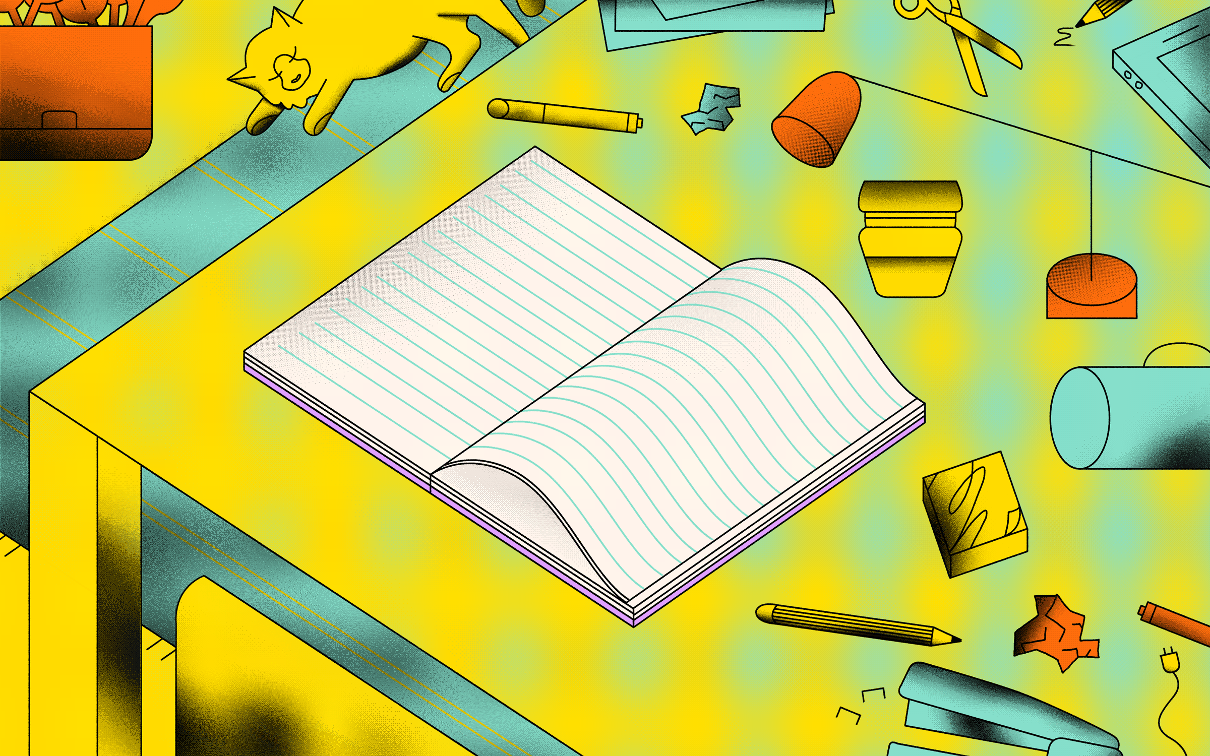 An illustration of a messy desk with an empty lined journal.